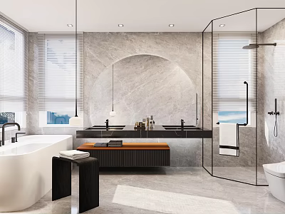 Modern Bathroom With Marble Walls Bathtub And Glass Shower Enclosure 3d model