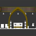 Modern Trade Show Booth Design With Yellow Arches White Interior Display Screens And Plants