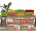 Fruit Display Shelf with Assorted Fresh Fruits Wooden Structure and Plant Decor