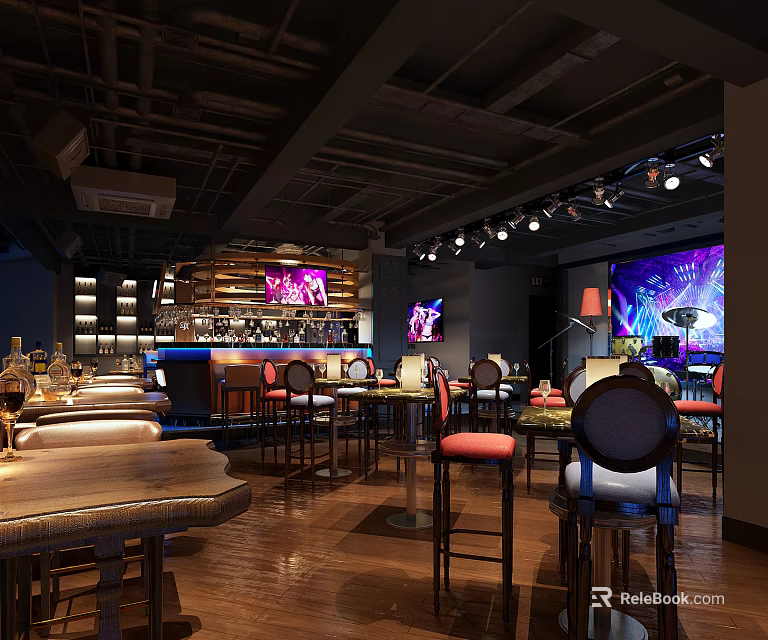 Modern Bar Interior With Wooden Bar Counter Dining Tables Colorful Lighting And TV Screens 3d model 