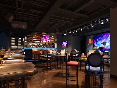 Modern Bar Interior With Wooden Bar Counter Dining Tables Colorful Lighting And TV Screens 3d model