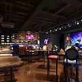Modern Bar Interior With Wooden Bar Counter Dining Tables Colorful Lighting And TV Screens
