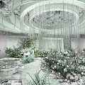 Elegant Banquet Hall Interior With Lush Floral Arrangements And Hanging Chandeliers