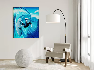 Light Colored Single Sofa With Floor Lamp Surf Painting And White Curtains 3d model