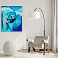 Light Colored Single Sofa With Floor Lamp Surf Painting And White Curtains