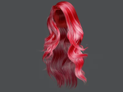 Long Curly Hair With Red And Pink Gradient Color And Soft Wavy Texture 3d model