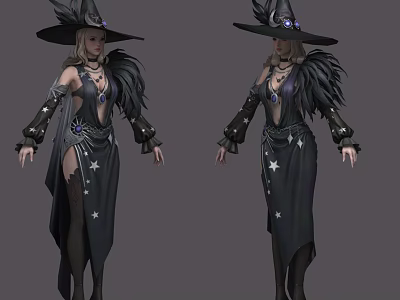 Game and Movie Witch Character in Black Gown with Star Patterns and Feather Decorations 3d model