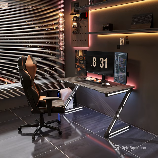 Gaming Study Room With Ergonomic Chair Dual Monitors And Tech Lighting 3d model 
