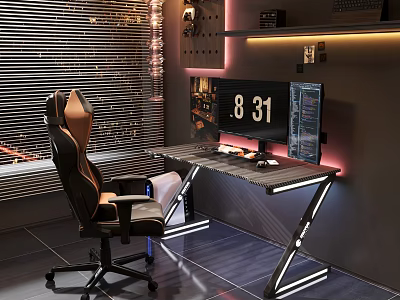 Gaming Study Room With Ergonomic Chair Dual Monitors And Tech Lighting 3d model