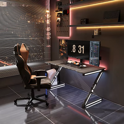 Gaming Study Room With Ergonomic Chair Dual Monitors And Tech Lighting 3d model