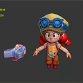 Cartoon Game Movie Character With Yellow Helmet Blue Goggles Red Pigtails Orange Overalls