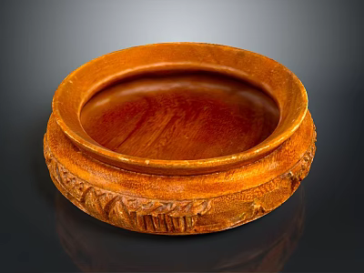 Handcrafted Wooden Round Tray With Intricate Carved Patterns And Brown Finish 3d model
