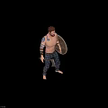 Barefoot Bearded Male Warrior With Tattooed Arms Holding Axe And Shield In Plaid Pants