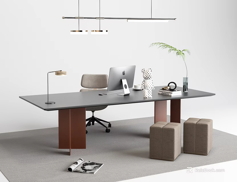 Modern Office Desk with Gray Top Brown Legs Chair Mac Lamp Plant and Beige Stools 3d model 