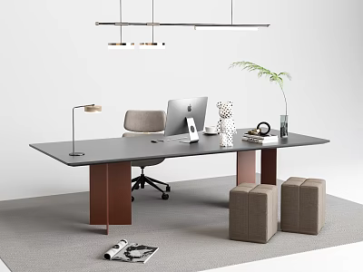 Modern Office Desk with Gray Top Brown Legs Chair Mac Lamp Plant and Beige Stools 3d model
