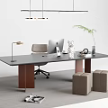 Modern Office Desk with Gray Top Brown Legs Chair Mac Lamp Plant and Beige Stools