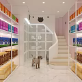 Pet Store in Mall with Pink Walls Paw Print Decor and Colorful Pet Supply Shelves