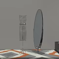 Oval Standing Mirror With Metal Frame And Decorative Accent On Patterned Rug 3d model