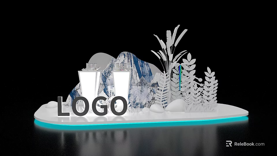 Modern Exhibition Island With LOGO Mountain Shaped Decorations Plant Ornaments And Blue Lighting 3d model 