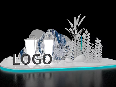 Modern Exhibition Island With LOGO Mountain Shaped Decorations Plant Ornaments And Blue Lighting 3d model