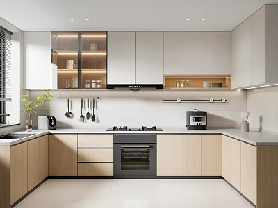 Modern Kitchen Interior Design With Wooden And White Cabinets Countertop And Appliances 3d model