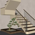 Modern Staircase With White Steps Brown Wooden Handrail Black Metal Railings And Bonsai Tree