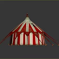 Red and White Striped Circus Style Tent With Pointed Top Support Ropes And Decorative Balls