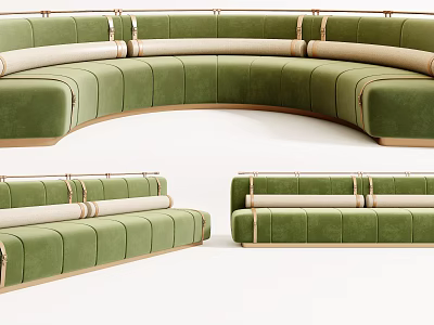 Stylish Green Curved Banquette Sofa With Beige Cushions And Gold Trim 3d model
