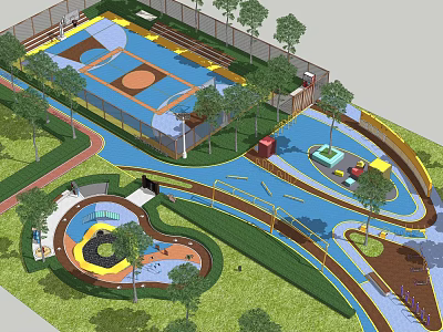 Garden Landscape Design With Playground Sports Court Pathways And Green Lawn Areas 3d model