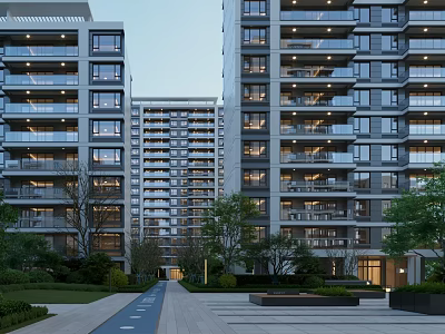Modern High Rise Residential Building With Glass Curtain Walls Green Plants And Pathway Lighting 3d model