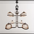 Modern Industrial Style Chandelier with Black Metal Frame and Textured Glass Shades on Multiple Arms