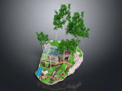 Cartoon Scenic Island Scene With Greenhouse Trees Solar Panels And Pathway Rocks 3d model