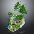 Cartoon Scenic Island Scene With Greenhouse Trees Solar Panels And Pathway Rocks