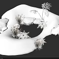 Snow Covered Garden Landscape With Evergreen Plants And Natural Stones