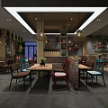 Modern Restaurant Interior With Gray Brick Walls Woven Pendant Lights And Green Plant Wall