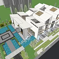 Modern White Sales Office Building Featuring Glass Facade Skylights Water Pools And Green Plants