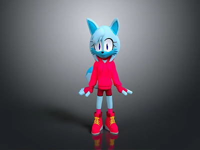 Animated Game Movie Character Blue Fox With Cat Ears Red Hoodie Shorts And Yellow Shoes 3d model