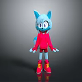 Animated Game Movie Character Blue Fox With Cat Ears Red Hoodie Shorts And Yellow Shoes