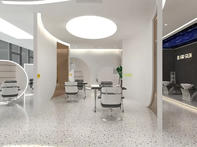 Modern Beauty Hair Salon Interior With Styling Chairs Mirrored Workstations And Bright Lighting 3d model