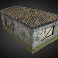 Dilapidated Small Hut With Rusted Roof Peeling Mossy Walls And Wooden Door Steps