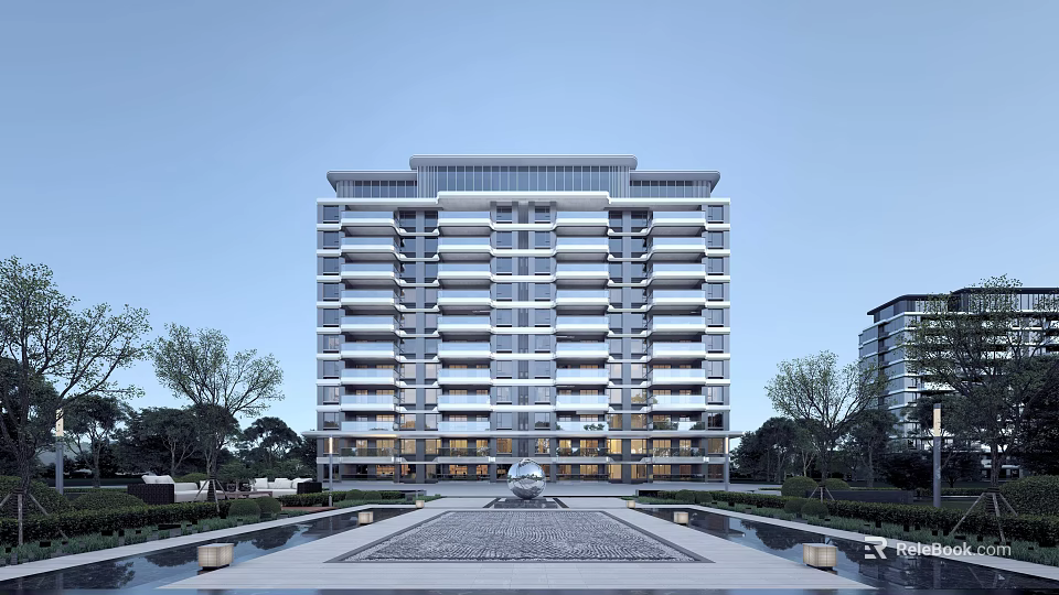 Modern High Rise Residential Building With Front Fountain Plaza And Trees 3d model 