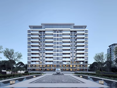 Modern High Rise Residential Building With Front Fountain Plaza And Trees 3d model