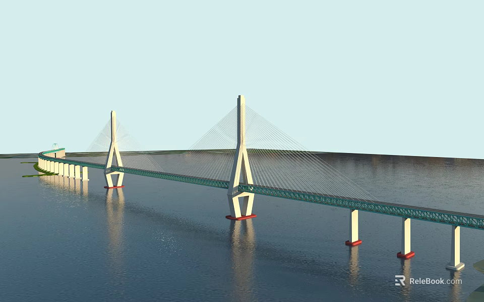 Modern Cable Stayed Bridge Design With Twin Towers Spanning Calm Water Surface 3d model 