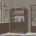 Wooden Kitchen Cabinet With Open Shelves Jars Plants And Microwave Golden Handles