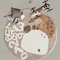 Cute Round Kids Rug with Cartoon Animal Pattern Soft Brown White Colors and Toys