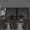 Modern Conference Room With Large Wooden Table Black Office Chairs And Glass Windows