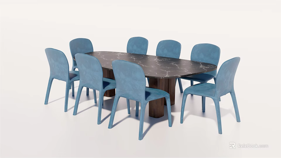 Modern Dining Table Set With Marble Top And Six Blue Chairs 3d model