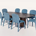 Modern Dining Table Set With Marble Top And Six Blue Chairs 3d model