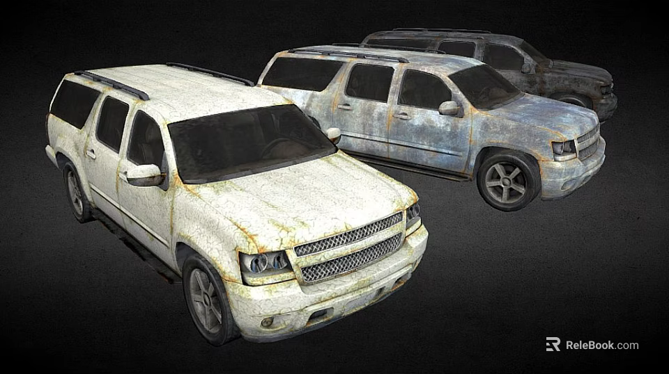 Old Rusty SUVs Featuring White And Silver Weathered Vehicles In Row 3d model 