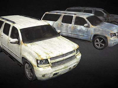 Old Rusty SUVs Featuring White And Silver Weathered Vehicles In Row 3d model